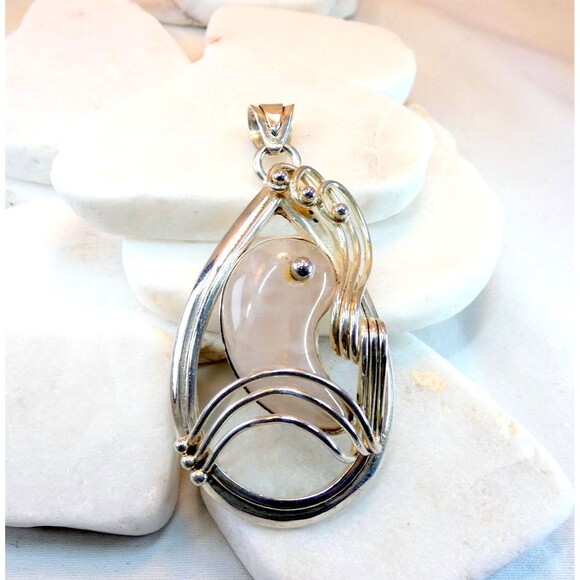 Sterling Silver Rose Quartz Gemstone Large Artisan Pendant Yin Yang 26g - Picture 1 of 7